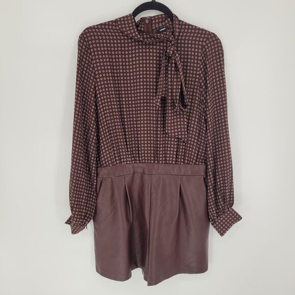 Express Medium Printed Faux leather tie neck long sleeve romper dark academia - Picture 13 of 13